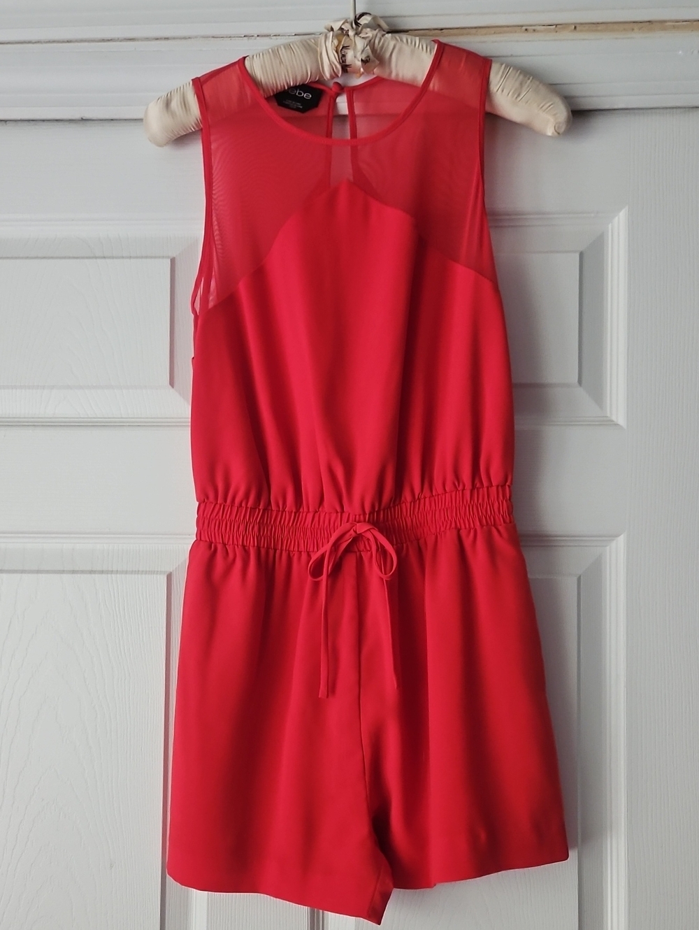 No Boundaries Coral-Red Sleeveless Girls' Romper with Sheer Yoke